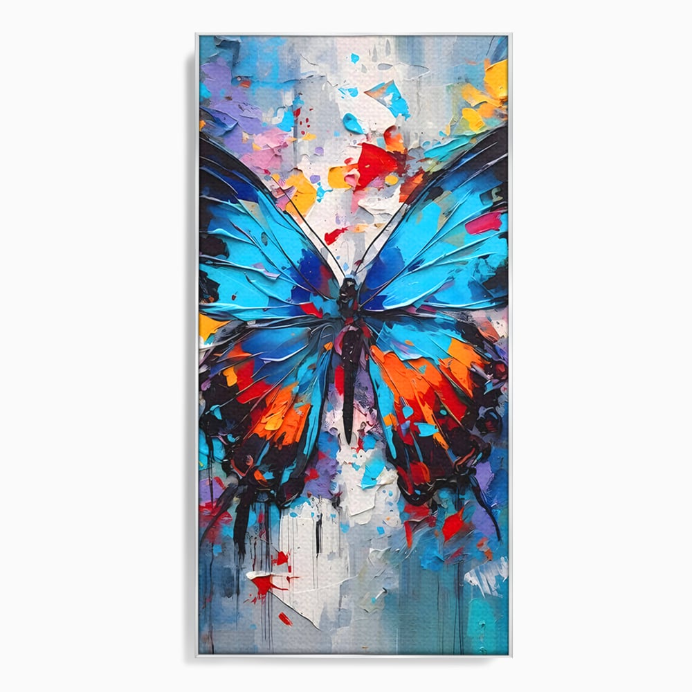 Tablou canvas cu pictura cu fluture albastru, in rama de aluminiu argintiu